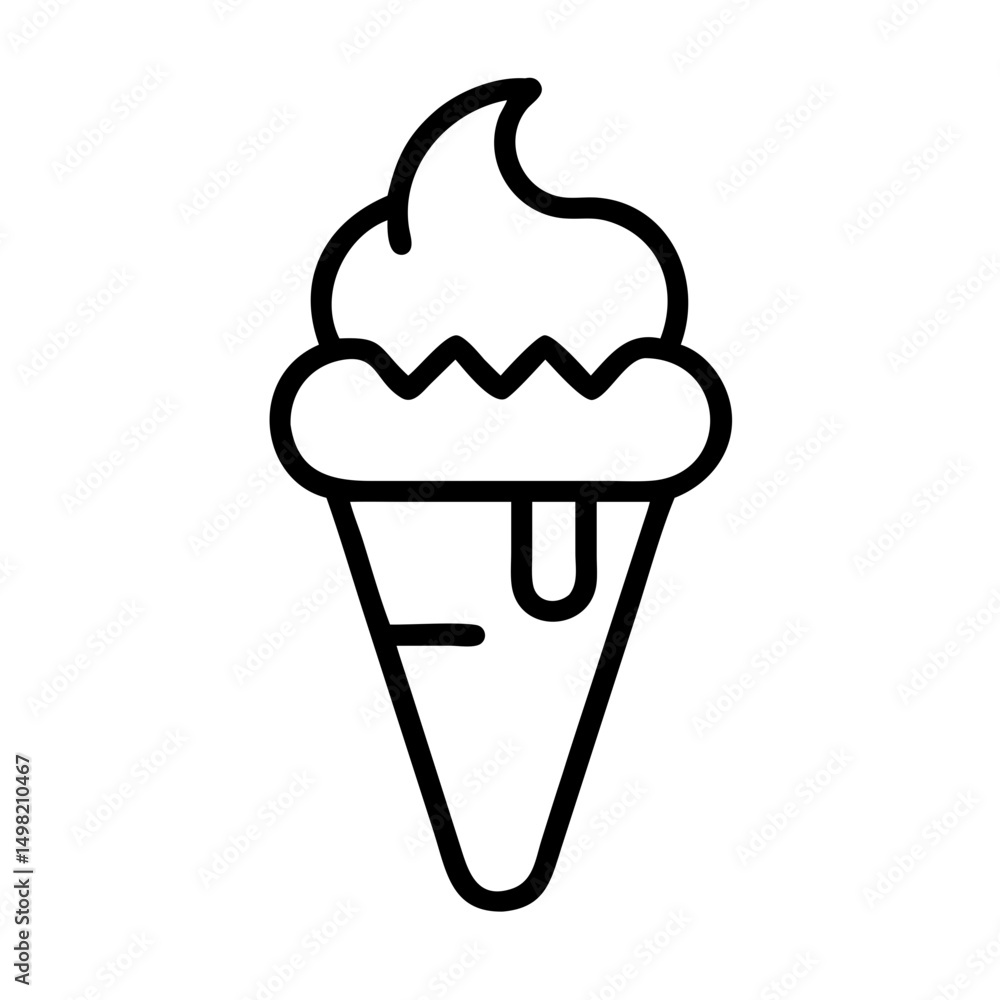 Simple graphic of a cone with a swirl of creamy topping and a drip, outlined in black, isolated on white Simple graphic of a cone with a swirl of creamy topping and a drip, outlined in black, isolated on white