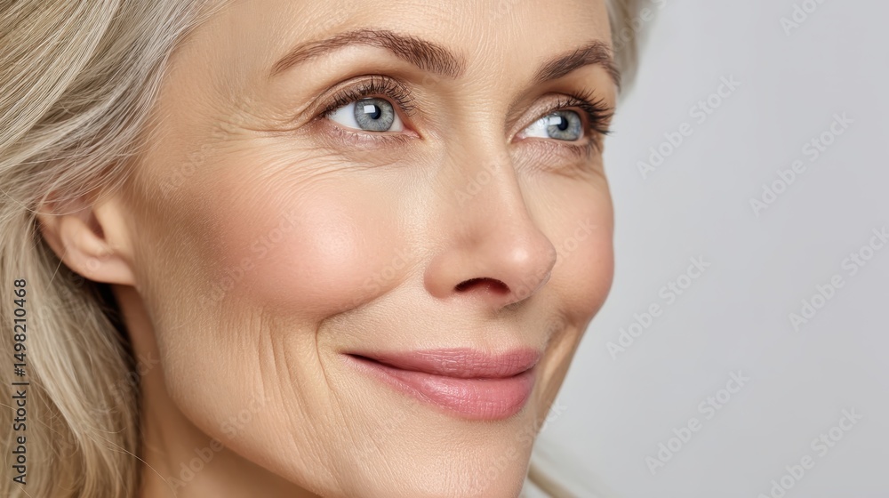 Fototapeta premium Senior woman with gray hair smiling confidently, revealing radiant complexion and embracing natural aging with serene elegance