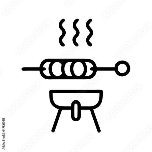 Outline drawing of a shish kebab on a grill emitting steam with a simple black and white design