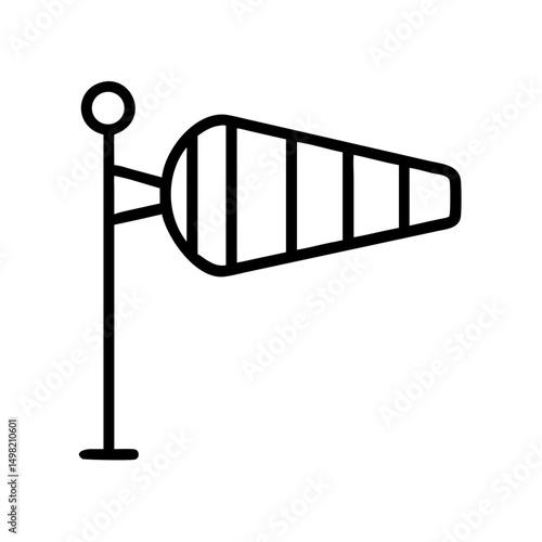 Outline graphic of a windsock on a pole indicating wind direction and speed at an airport area