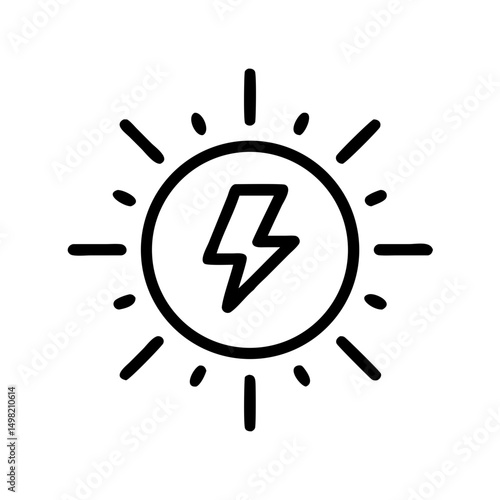 Hand drawn sun with lightning bolt inside a circle emitting rays in black and white outline format