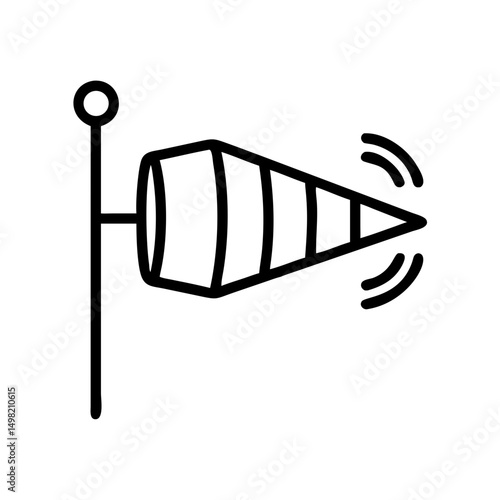 Outline drawing of a windsock on a pole showing wind direction and speed with curved lines indicating motion