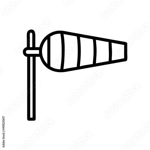 A simple graphic of a windsock with black outlines standing on a pole indicating direction of air flow