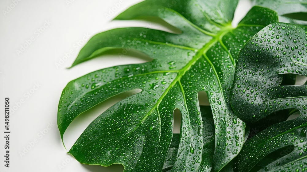 Fototapeta premium Fresh Green Monstera Leaf with Water Drops on Light Background