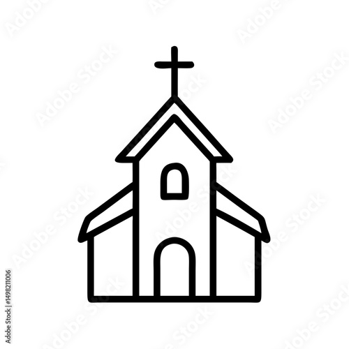 A simple line drawing of a building with a cross on top, possibly a chapel or other religious place