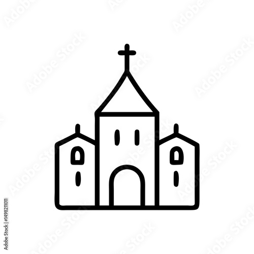 A simple graphic showing a church building with a cross on top and arched doorways design outline style