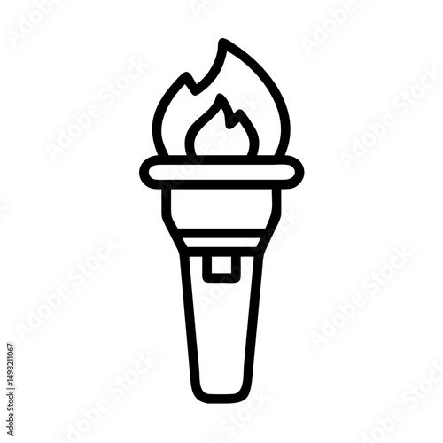 Outline drawing of a handheld torch with a bright flame burning at the top of the object shown here