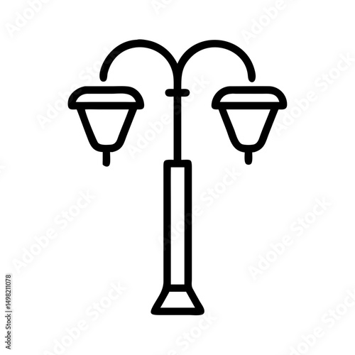 A simple graphic of a double street lamp with a black outline on a white background design element