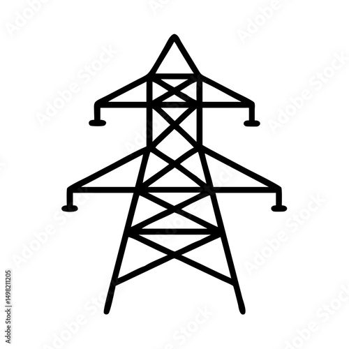 Simple graphic of an electricity pylon with a black outline on a white background shown in detail