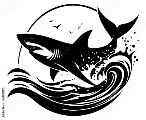 Black and white stylized logo of a shark jumping out of a wave on a white isolated background. Vector graphics. EPS.