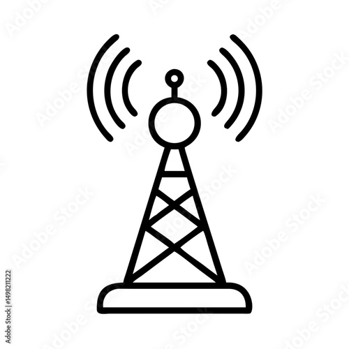 A simple graphic of a transmission tower with signals emanating, shown in black lines on a white background