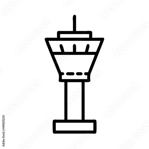 A simple graphic of an air traffic control tower with a black outline on a white background view from front