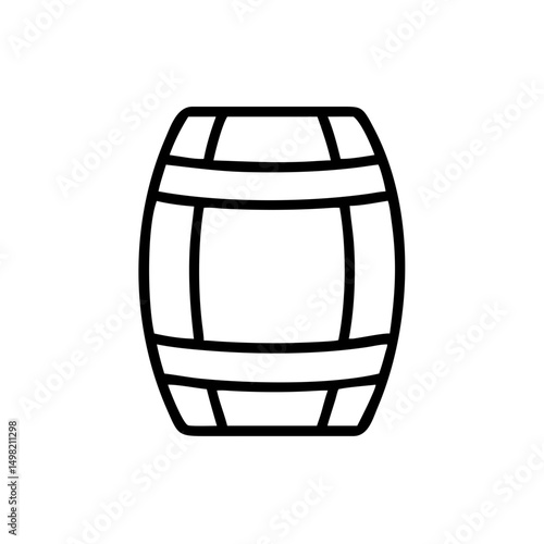 Simple graphic depiction of a wooden container with bands around it in a line drawing format design