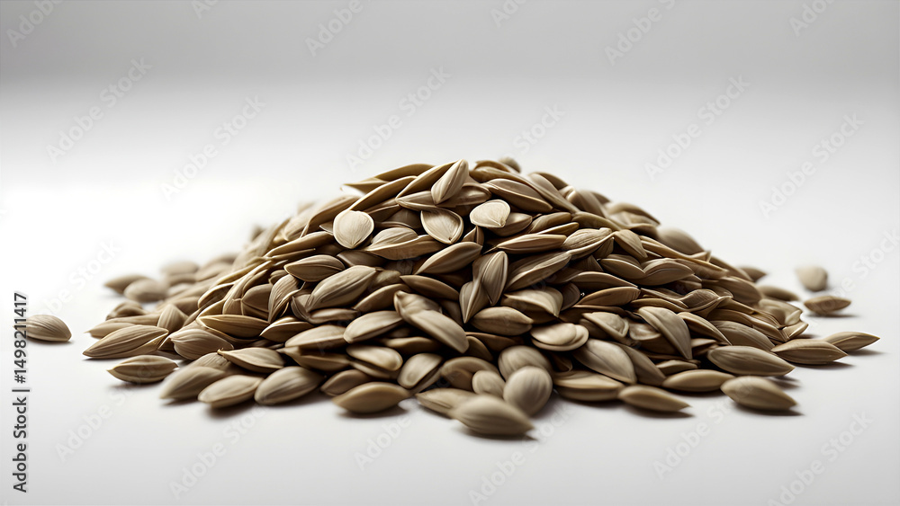 Obraz premium A simple arrangement of sunflower seeds scattered across a clean white background, highlighting their texture and natural shape