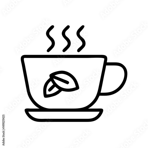 Aromatic beverage in a cup with leaves and steam rising on a saucer in black and white simple style