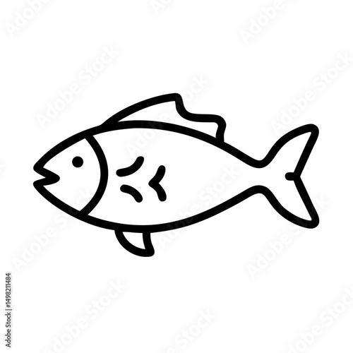 Simple graphic of a single lined aquatic animal with fins and tail swimming to the right side