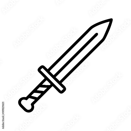 Simple outline drawing of a medieval sword with a twisted grip and a sharp pointed blade design element