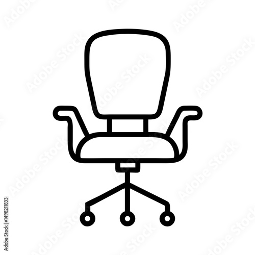 A minimalistic graphic showing a rolling office chair with armrests and a backrest design element