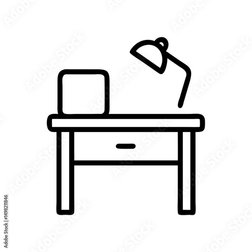 A simple line drawing of a desk with a lamp and a box, minimal design and clean presentation style