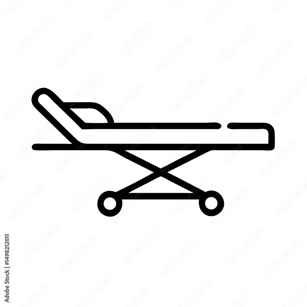 Outline graphic displaying a hospital gurney with wheels and adjustable headrest for patient transport Outline graphic displaying a hospital gurney with wheels and adjustable headrest for patient transport