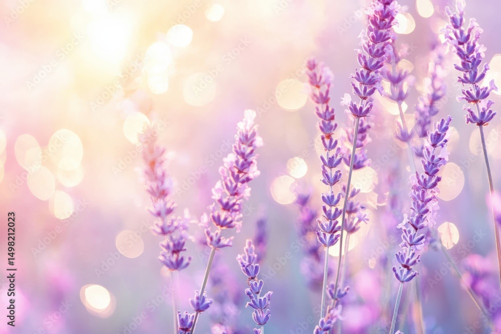 Obraz premium Purple lavender flowers with soft bokeh light effect in pastel background. Dreamy floral macro. Aromatherapy and wellness concept. Spa and beauty treatment theme