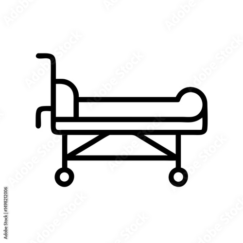 A simple line drawing of a hospital gurney with wheels and a handle for easy patient transport use