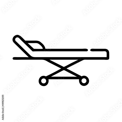 Outline graphic displaying a hospital gurney with wheels and adjustable headrest for patient transport