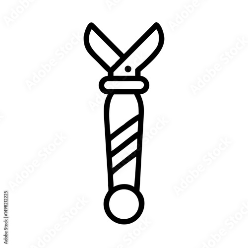 Stylized outline drawing of a pair of open shears with a decorative handle and a small dot detail