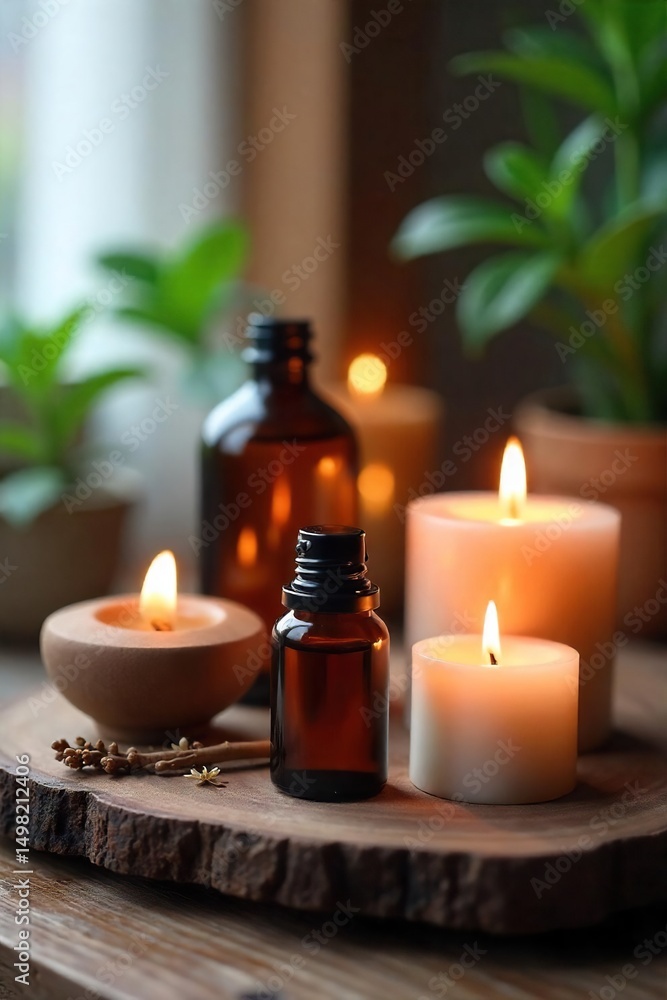 Close-up of soothing aromatherapy oils and candles, creating a tranquil and healing atmosphere perfect for relaxation and self-care Perfect for spa, wellness, and meditation themes , balance, sleep Close-up of soothing aromatherapy oils and candles, creating a tranquil and healing atmosphere perfect for relaxation and self-care Perfect for spa, wellness, and meditation themes , balance, sleep