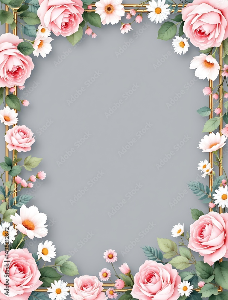 Fototapeta premium Pink roses and white daisies floral frame illustration on gray background