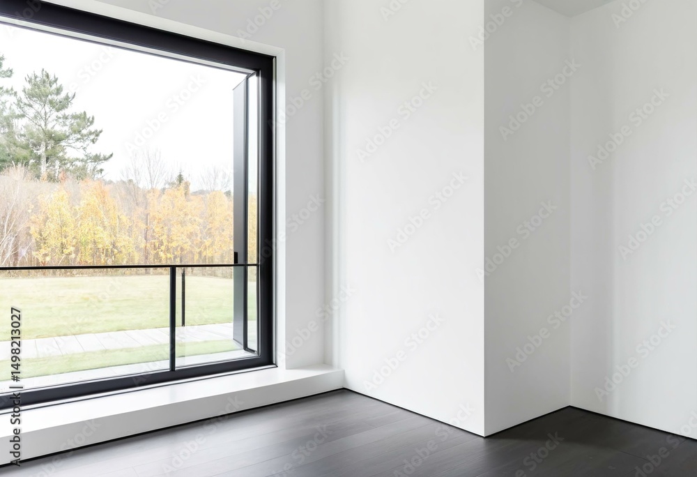 Fototapeta premium A white room with a window and a white shelf.