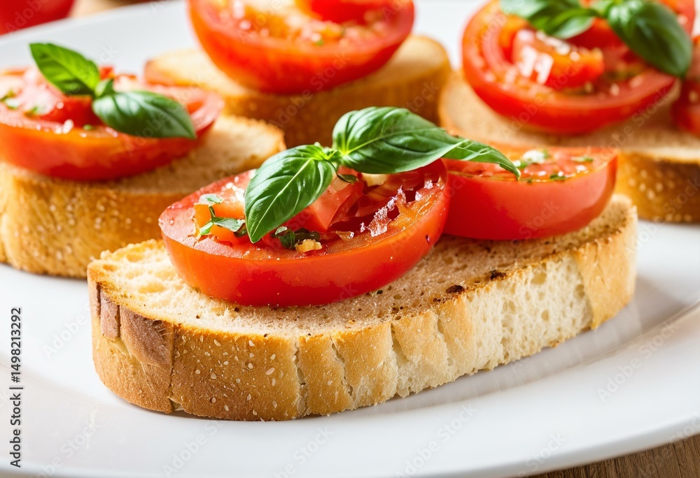 A white plate topped with slices of bread covered in tomatoes. A white plate topped with slices of bread covered in tomatoes.