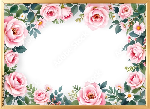 Wallpaper Mural Elegant frame of pink roses and green leaves isolated on white background with golden border Torontodigital.ca