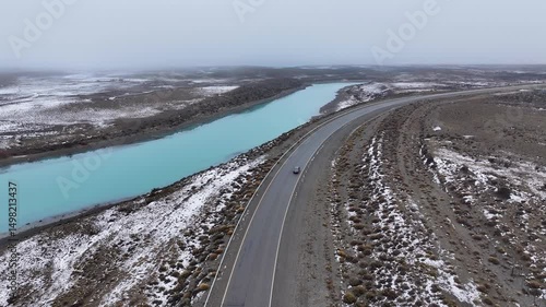 Ruta 40 Road At El Calafate Santa Cruz Argentina. Breathtaking Aerial View Of Busy Traffic In A Freeway Road. South Pole Lake Swiss Alps Snowcapped. Forest Trees Swiss Alps Nature.