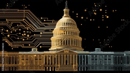 Futuristic digital illustration of US Capitol building with glowing data circuits