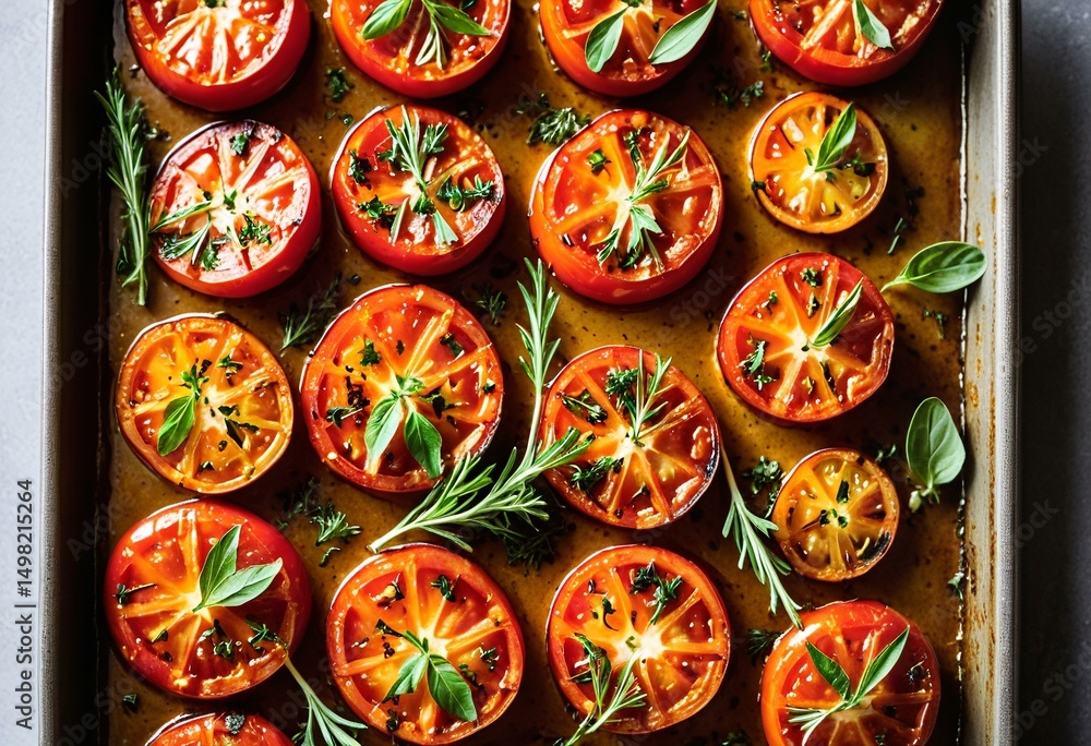 A tray of sliced tomatoes with herbs on top of them. A tray of sliced tomatoes with herbs on top of them.