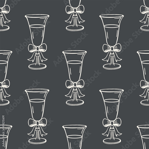 Elegant champagne flutes with bows seamless pattern. Festive background. Hand drawn sketch illustration.