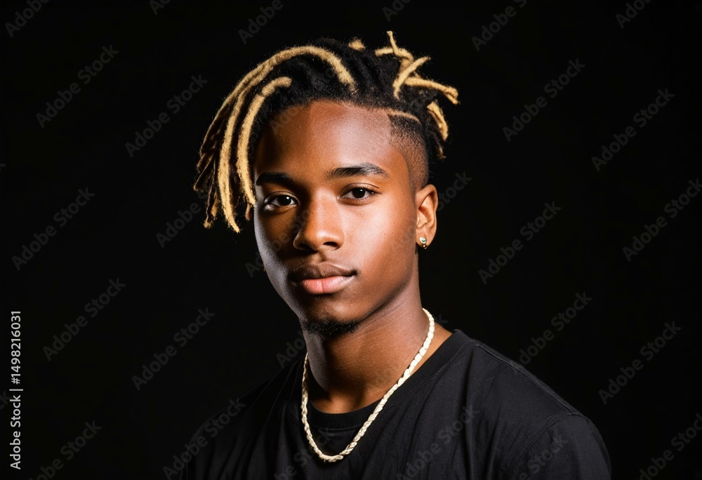 A young man with dreadlocks wearing a black shirt. A young man with dreadlocks wearing a black shirt.