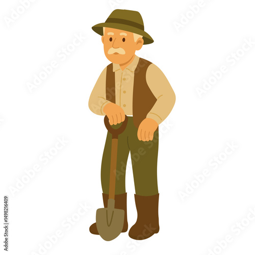 Cartoon elderly farmer resting with shovel, rural gardening theme, warm autumn colors, flat style.
