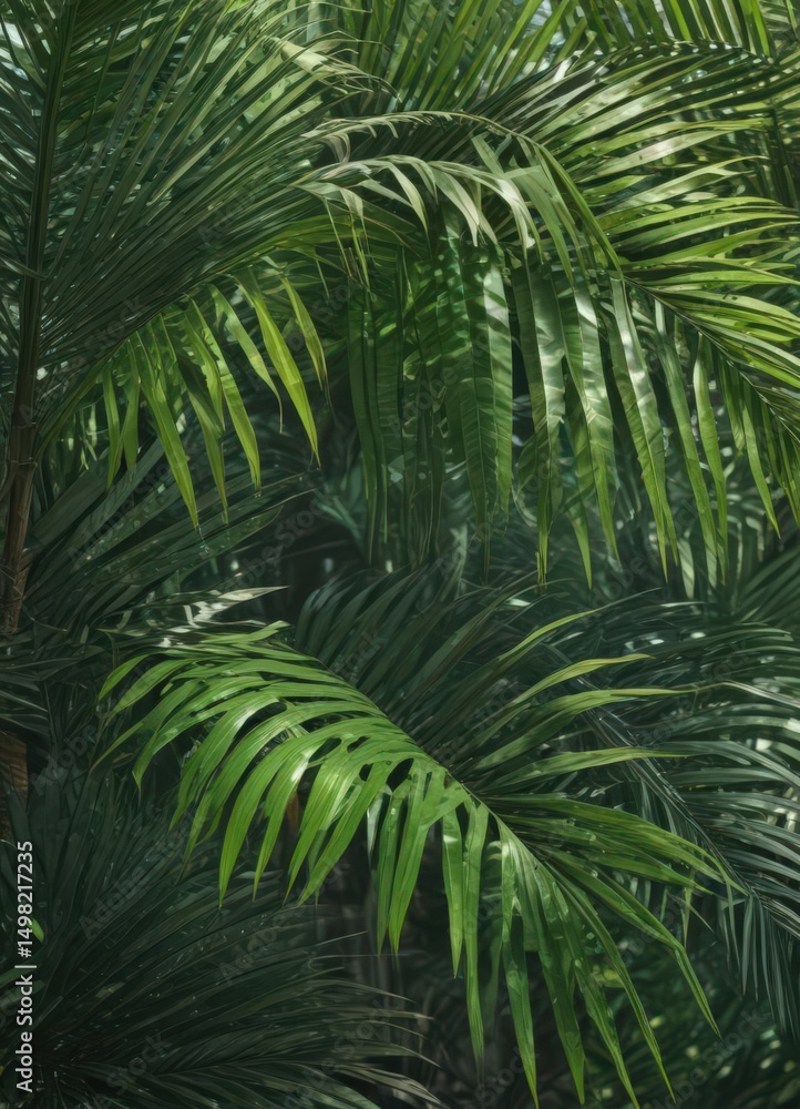 Fototapeta premium Intricate palm fronds, vibrant emerald, sunlight dappled, botanical, vacation