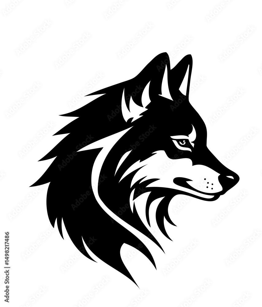 Naklejka premium Profile of wolf head, majestic, simple black and white logo. Wolf, husky dog. Friendly, canny. 