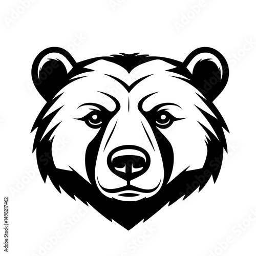 Bear, grizzly head. Front face. Logo, simple black and white vector.  Tattoo. Majestic bear head.
