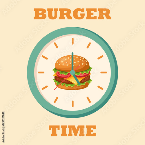 Funny flat vector illustration of a burger inside a clock face with clock hands and the phrase "Burger Time". Creative and appetizing fast food concept design. Cartoon style.