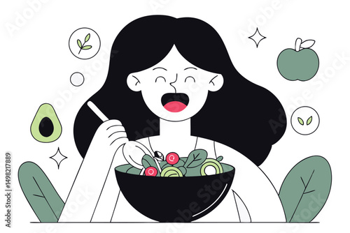 Female eating nutritious salad, minimalist vector design, wellness and clean food concept for blogs or ads