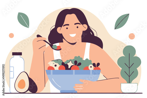 Happy young woman eating fresh healthy salad, vector flat illustration, diet and nutrition concept