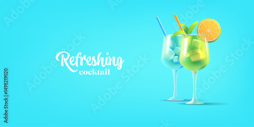 Refreshing 3D summer cocktails on a blue background. Realistic summer cocktails for advertising concepts for restaurants, bars, parties, and menus. Vector illustration.