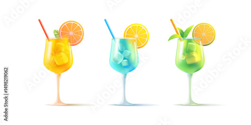 3D set of colorful summer cocktails, in a glass with fruits and a straw. Realistic cocktails for concepts of celebrations, events, and vacations. Vector illustration.