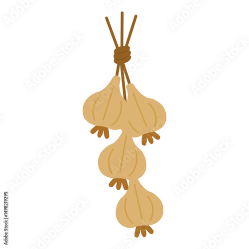 Flat vector illustration of a hanging garlic braid, perfect for farm, harvest and rustic kitchen themes.