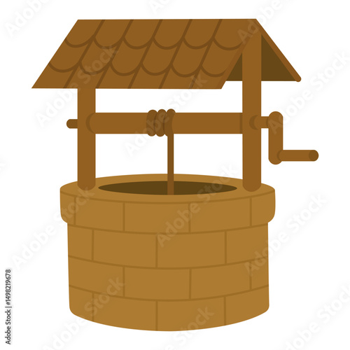 Flat vector illustration of a traditional village water well with roof and crank handle.