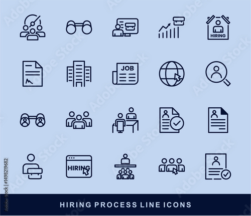 Hiring Process Line Icons. Recruitment, Job Application, Interview, Candidate Selection Vector Set